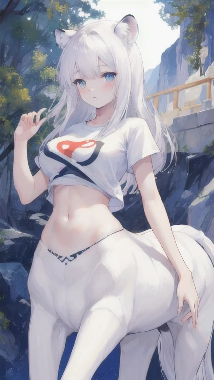 (best quality, masterpiece), 1 girl, centaur, It takes, White skin, Korean , exposing the abdomen,belly button t-shirt, 아름다운 소녀 perfect white tiger photo, perfect white tiger photo