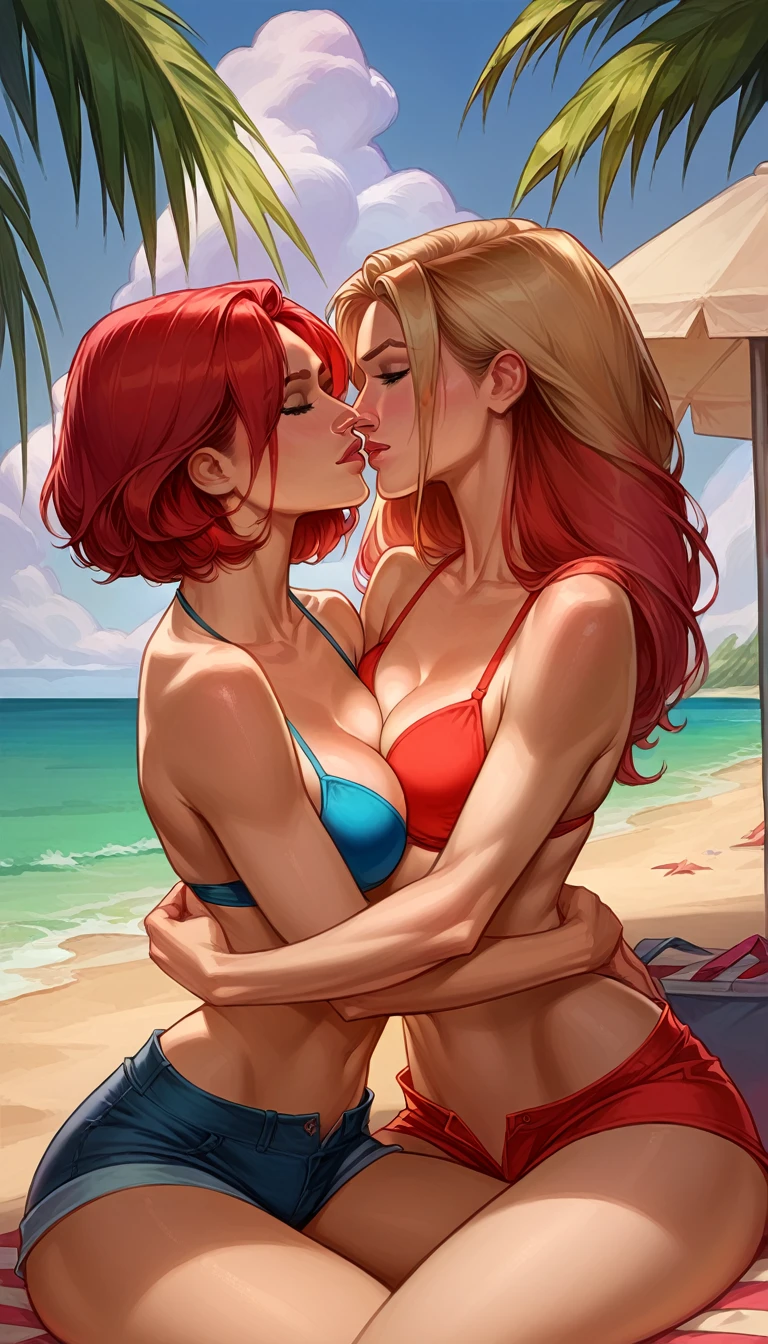 score_9, score_8_up, score_8_up, rating_explicit, source_cartoon, 2girls, (short hair Gwen Stacy:1.0), (MJ Watson, long flowing hair, red hair:1.0), girlfriends, lovers, yuri, cleavage, (bikini bottoms:1.2), (topless:1.5), sexy thicc thighs, beach, outdoors, kissing, groping, blush.