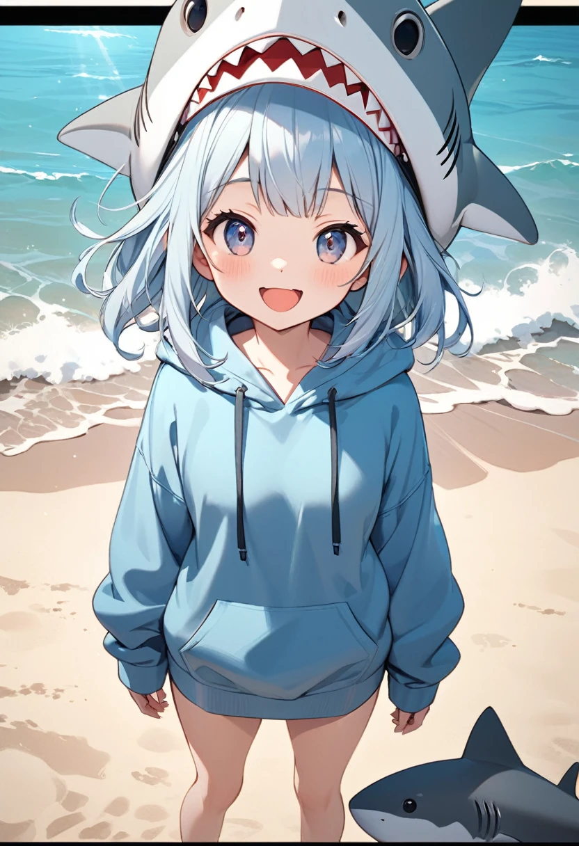 
         Cute light blue haired girl，Wearing a blue hoodie，shark head hat, Close-up shot of a happy and lively character standing on the beach( perfect anatomy ) 

                 Beautiful and extremely fine texture，detailed, bright, High-quality animation style presentation