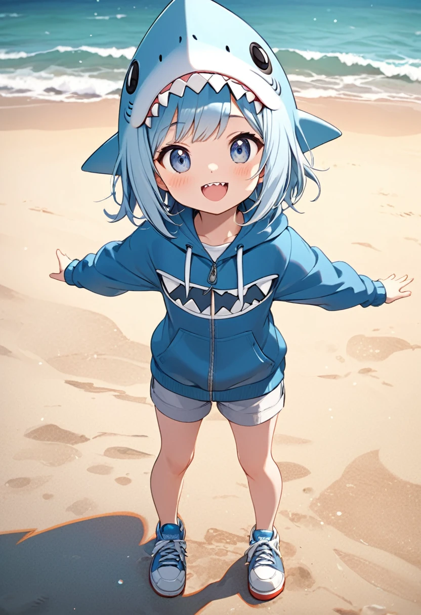 
         Cute light blue haired girl(Close)，Wearing a blue hoodie，shark head hat, Close-up shot of a happy and lively character standing on the beach( perfect anatomy ) 

                 Beautiful and extremely fine texture，detailed, bright, High-quality animation style presentation