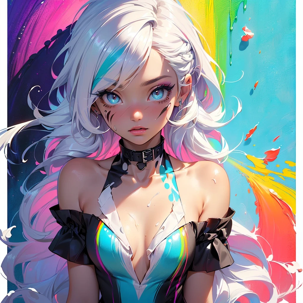 (Rosa Mode T-Shirt:1.9),(colorfule Haare: 1.8), (all colors of the rainbow: 1.8),(((((vertical grinding:1.6))), (grinding:1.6),front, Comics, Illustrations, grindings, big eyes, Crystal clear eyes,( High ponytail with rainbow gradient:1.7), Exquisites Make-up, closed mouth,(Little freshness: 1.5),(Wipe breast: 1.6) ,longeyelashes, white off-the-shoulder t-shirt, White shoulder shirt,looking up at the audience, big watery eyes, (Regenbogenfarbenes Hair:1.6), Farbklecks, (alone:1.8), Farbklecks, Farbexplosion, thick grind style, messy lines, ((Shining)),(colorful), (colorful), (colorful), colorful, Thick grind Style, (Syringes) (Color Syringes), Vertical grinding, upper body, grind Syringes, Acrylpigment, Gradient, grind, Highest image quality, highest quality, masterpiece, alone, depth of field, Face grind, colorful clothes, (elegant: 1.2), beautiful,Long hair, wind, (elegant: 1.3), (Petals: 1.4),(((masterpiece))),(((best quality))),((Ultra-detail)),(Illustration),(dynamic angle),((floating)),(grind),((tousled hair)),(alone),(1 girl) , (((Detailed anima face))),((beautiful detailed face)),collared,bare shoulders,white hair, ((colorful hair)),((streaked hair)),Lovely, detailled eyes,(Gradient eyes),(((colorful eyes))),(((colorful background))),(((high saturation))),(((surrounded by colorful splashes))),