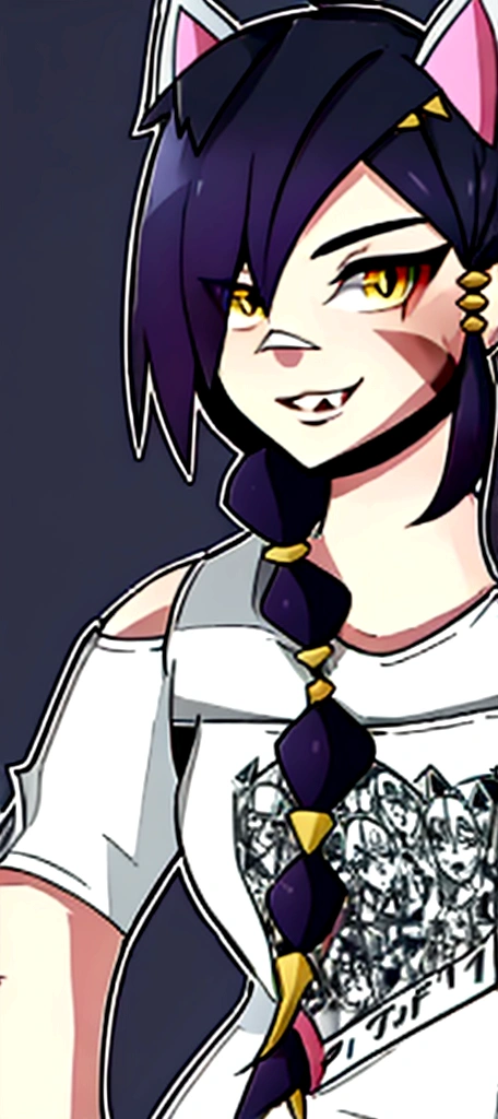 1 girl, Alone, wide, looking at the viewer, black fur, bandage on face, yellow eyes, animal ears, SMILE, bandage on nose, braid, cat ears, bandage, hits, old, fake animal ears, simple background, Open mouth, canine, , bare shoulders, SCAR, teeth, shirt, bare shoulders, white shirt, short sleeves, Closed mouth, t-shirt, hair over one eye, portrait, if, hair over the shoulder, Bermuda