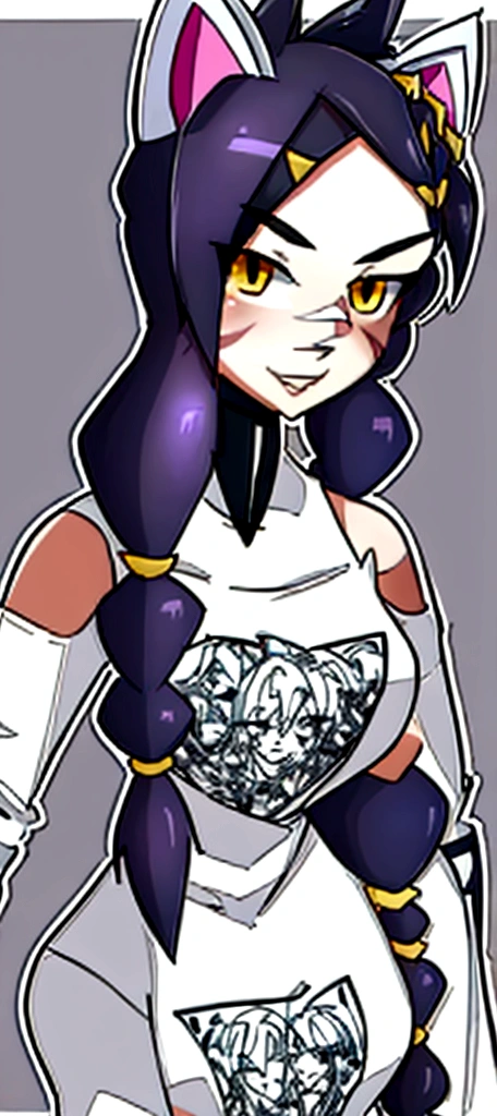 1 girl, Alone, wide, looking at the viewer, black fur, bandage on face, yellow eyes, animal ears, SMILE, bandage on nose, braid, cat ears, bandage, hits, old, fake animal ears, simple background, Open mouth, canine, , bare shoulders, SCAR, teeth, shirt, bare shoulders, white shirt, short sleeves, Closed mouth, t-shirt, hair over one eye, portrait, if, hair over the shoulder, Bermuda