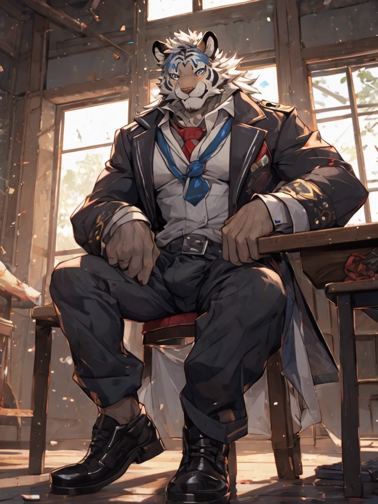 {{bara extremely handsome white tiger,}} {{white fur,}} white, wearing military like ornate trench coat, trousers, white dress shirt and necktie, white fluffy furry body and limbs, loafers, very tall, very broad shoulders, narrow waist, muscular arms, massive pecs, purple eyes, very long legs, sitting on swivel chair with legs spread, from below perspective, massive bulge, sophisticated hot look, sexy pose, full body, sunlight casting over, 3/4 view, best quality, high quality, silver earring on left ear, sultry smirk