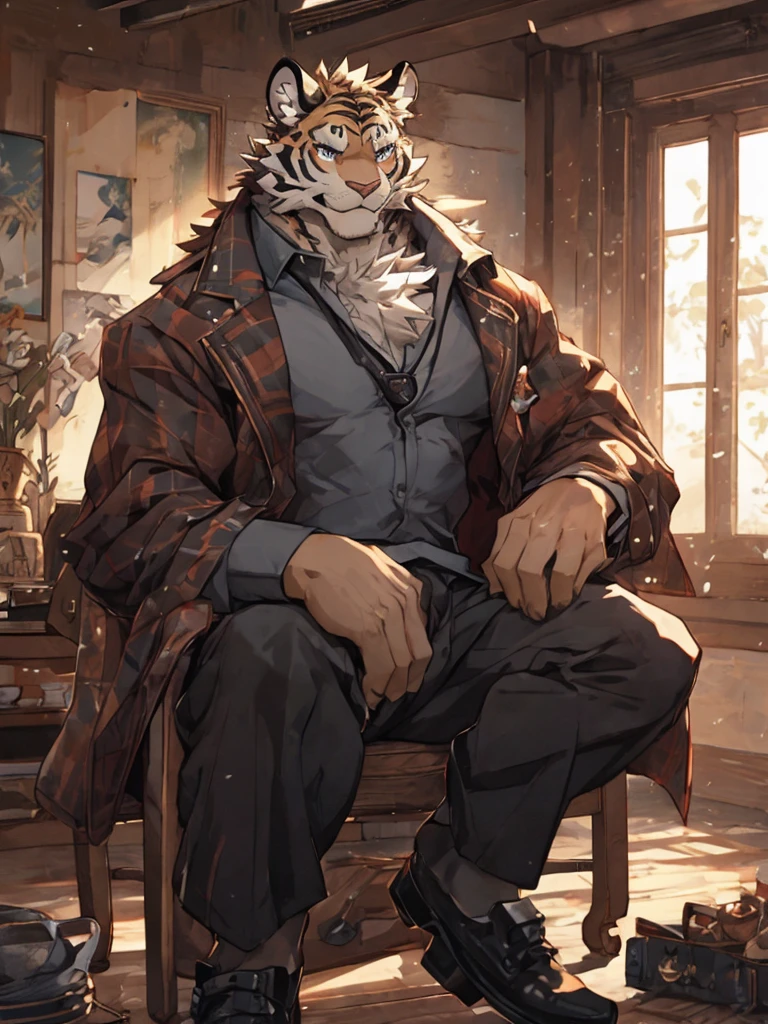 {{bara extremely handsome white tiger,}} {{white fur,}} white, wearing military like purple trench coat, purple trousers, white dress shirt and necktie, white fluffy furry body and limbs, loafers, very tall, very broad shoulders, narrow waist, muscular arms, massive pecs, purple eyes, very long legs, sitting on swivel chair with legs spread, from below perspective, massive bulge, sophisticated hot look, sexy pose, full body, sunlight casting over, 3/4 view, best quality, high quality, silver earring on left ear, sultry smirk