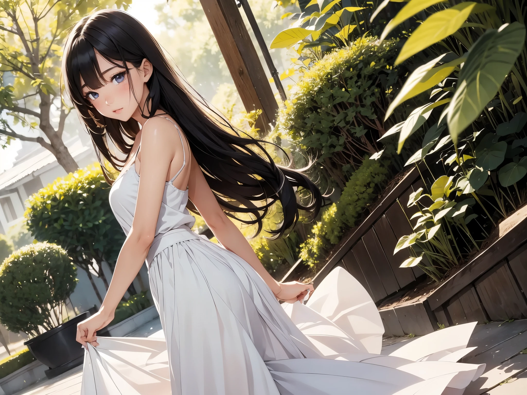 1 girl, Beautiful asian lady, Long straight hair, beautiful face, delicate eyes, detailed pupil, beautiful and delicate lips, white camisole long skirt, Simple and stylish, hand drawn animation, high detailed, outdoor, blush, shy, heart, in love,