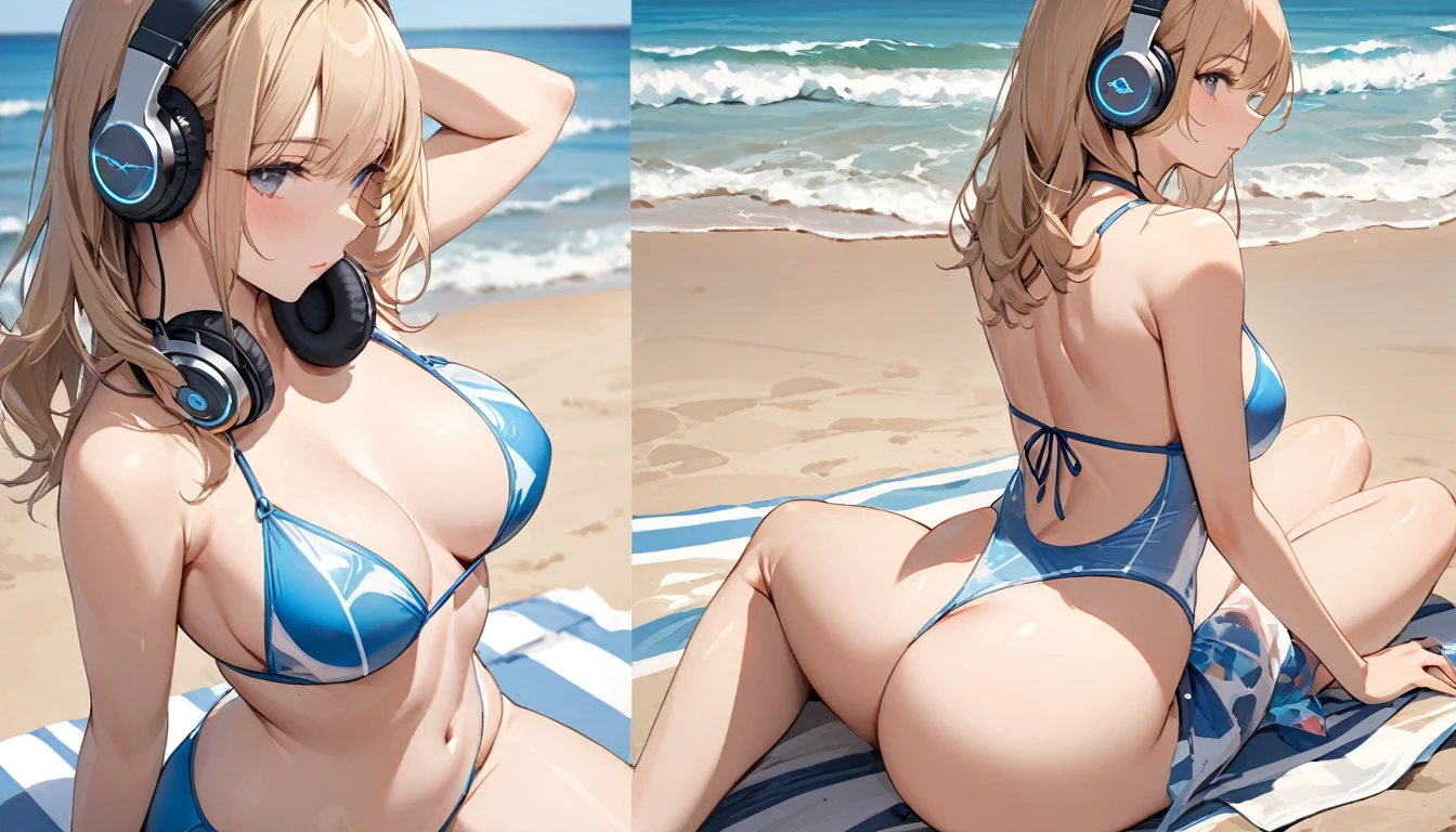 ((Top Quality)), ((Masterpiece)), ((Details)), perfect face, perfect body, sitting on the beach, listening to music, wearing headphones, wearing swimsuit, swimsuit transparent, tight with buttocks and breasts exposed Woman with clothes on and face visible