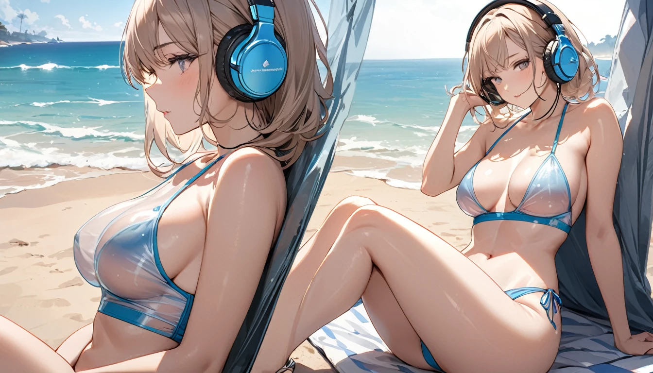 ((Top Quality)), ((Masterpiece)), ((Details)), perfect face, perfect body, sitting on the beach, listening to music, wearing headphones, wearing swimsuit, swimsuit transparent, tight with buttocks and breasts exposed Woman with clothes on and face visible