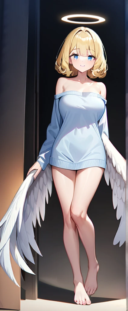 (((One girl))), full body, flying in the sky, bare legs, ((angel, big big white wings:1.2, halo:1.3)), Uriel, ((wavy hair, outward curled hair)), evening, Sunset, sea, beach, ((blond hair, bob cut:1.3)), big breasts, teenager, (looking at viewer), oversized clothes, puffy long sleeves, collarbone, ((off-shoulder sweater dress:1.3, Quite thick shoulder straps)), (((sleeves past wrists:1.3))), ((white sweater)), collarbone, head tilt:1.3, (((blue eye))), ((happy smile)), (((anime style))), (best quality, 4K, 8K, highres, masterpiece:1.2, ultra-detailed, ultra-detailed eyes, HDR, uhd, studio lighting, ultra-fine painting, sharp focus, physically-based rendering, extreme detail description, professional, vivid colors, bokeh), ((Highest quality, Best image quality, Ultra-high resolution, Ultra-high resolution, solo, Strong eye highlights)), Depth of written boundary, Natural soft light, attractive, Beautiful Face, Cleanliness, Pure Face, medium chest, Beautiful Face, Perfect Fingers, Perfect hands, Perfect body, Perfect Face, Shine a light into your eyes, Perfect Anatomy, pussy and boobs nudes, very hot, nudes in lingerie 
