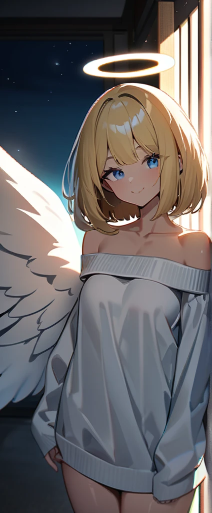 (((One girl))), full body, flying in the sky, bare legs, ((angel, big big white wings:1.2, halo:1.3)), Uriel, ((wavy hair, outward curled hair)), evening, Sunset, sea, beach, ((blond hair, bob cut:1.3)), big breasts, teenager, (looking at viewer), oversized clothes, puffy long sleeves, collarbone, ((off-shoulder sweater dress:1.3, Quite thick shoulder straps)), (((sleeves past wrists:1.3))), ((white sweater)), collarbone, head tilt:1.3, (((blue eye))), ((happy smile)), (((anime style))), (best quality, 4K, 8K, highres, masterpiece:1.2, ultra-detailed, ultra-detailed eyes, HDR, uhd, studio lighting, ultra-fine painting, sharp focus, physically-based rendering, extreme detail description, professional, vivid colors, bokeh), ((Highest quality, Best image quality, Ultra-high resolution, Ultra-high resolution, solo, Strong eye highlights)), Depth of written boundary, Natural soft light, attractive, Beautiful Face, Cleanliness, Pure Face, medium chest, Beautiful Face, Perfect Fingers, Perfect hands, Perfect body, Perfect Face, Shine a light into your eyes, Perfect Anatomy, pussy and boobs nudes, very hot, nudes in lingerie 
