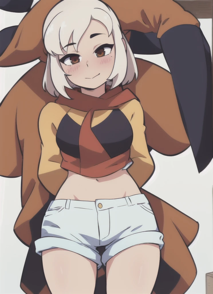 1girl, standing, blush, looking_at_viewer, shiny_skin, white_background, solo, head_tilt, arms_behind_back, cowboy_shot, pale, white_skin, brown_hair, long , bandaeu, jean_shorts,