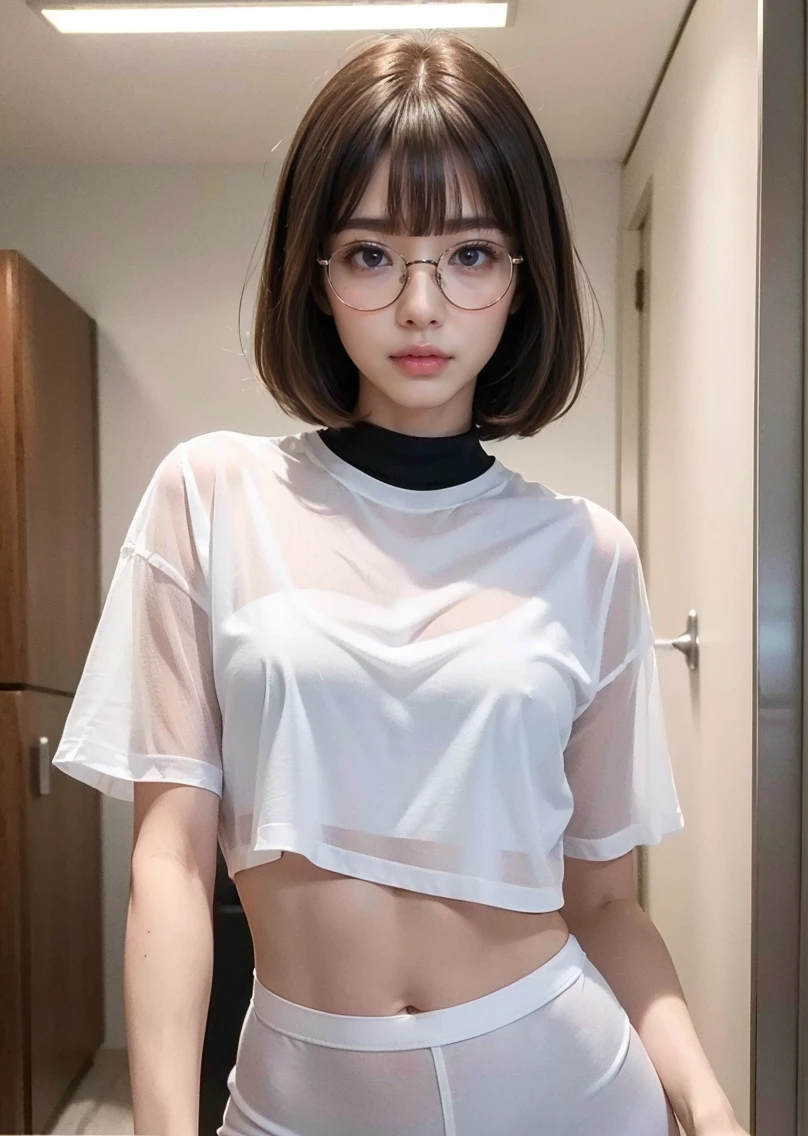 Hairy pubic hair((Highest quality、8K、masterpiece:1.3))((Perfect glowing skin,Perfect Skin))　Browsing Caution　Realistic　Bright room　White Room　White skin　Brown Hair　short hair　Disheveled Hair　bangs　Wearing a shirt　Wearing glasses