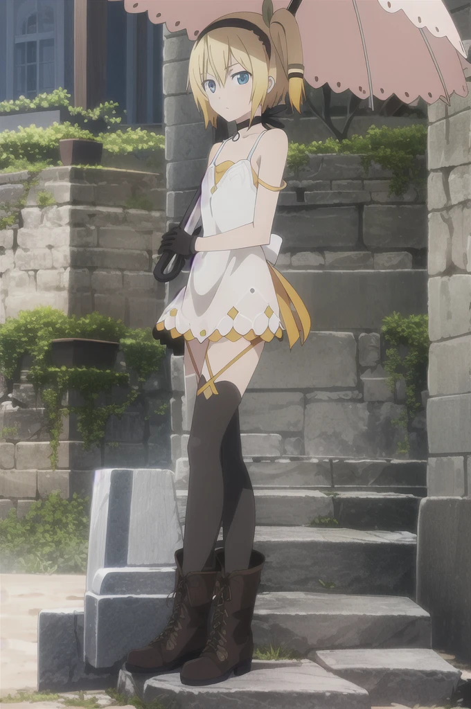 ((masterpiece)),((Highest quality)),Very detailed,Consciousness upward,Explicit,beautiful body,beautiful Nose,beautiful character design,Perfect Eyes,Perfect Face,wallpaper,Ultra-high resolution,4K,photograph,(beautiful,Small breasts:1.2),(beautiful顔:1.2),beautiful足,Perfect Legs,Shiny skin,Official Style,Browsing Caution,Official Art,Create a screen capture,Anime Coloring,
One Girl,alone,umbrella,blonde,short hair,choker,Side Ponytail,ribbon,blue eyes,black choker,gloves,leg ribbon,片手gloves,hair band,whole body,hair ribbon,dress,View your audience,tress ribbon,boots,Are standing,white dress,skirt,clavicle,Beach,Outdoor,Day,