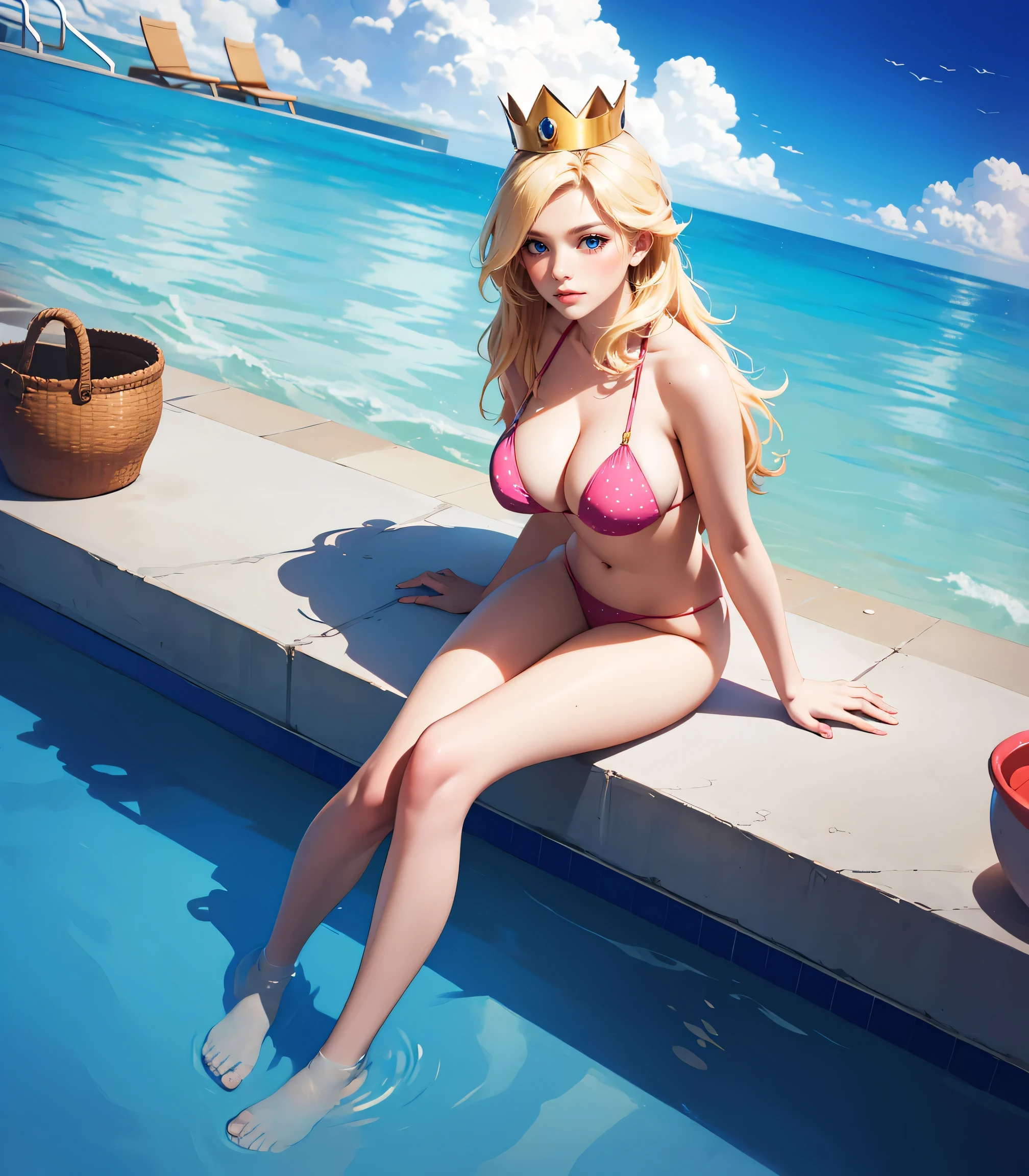 Masterpiece, best quality, 16k resolution, illustration, NVIDIA RTX Ray Tracing technology, Create a 4K resolution, ultra-realistic, and extremely detailed artwork, wallpaper, award winning, retina, soft light, sharp focus, (hyper-realistic:1.4), (full body:1.4), from above

Princess Peach, she is wearing a pink detailed designed bikini, pink stars_pattern_bikini, slim body, slim waist, blonde hair, long blonde hair, blue eyes, have big breasts and a great cleavage, she must be wearing a golden crown, (golden crown)

she must be in a sexy pose, sited, she must be showing her beautiful legs sitting next to a pool, at a resort, 

((pool, sky, clouds, water splash, ))

FULL BODY SHOT, ultra wide angle, textured skin, face detail, clean skin, perfect hands, perfect anatomy, anatomically correct