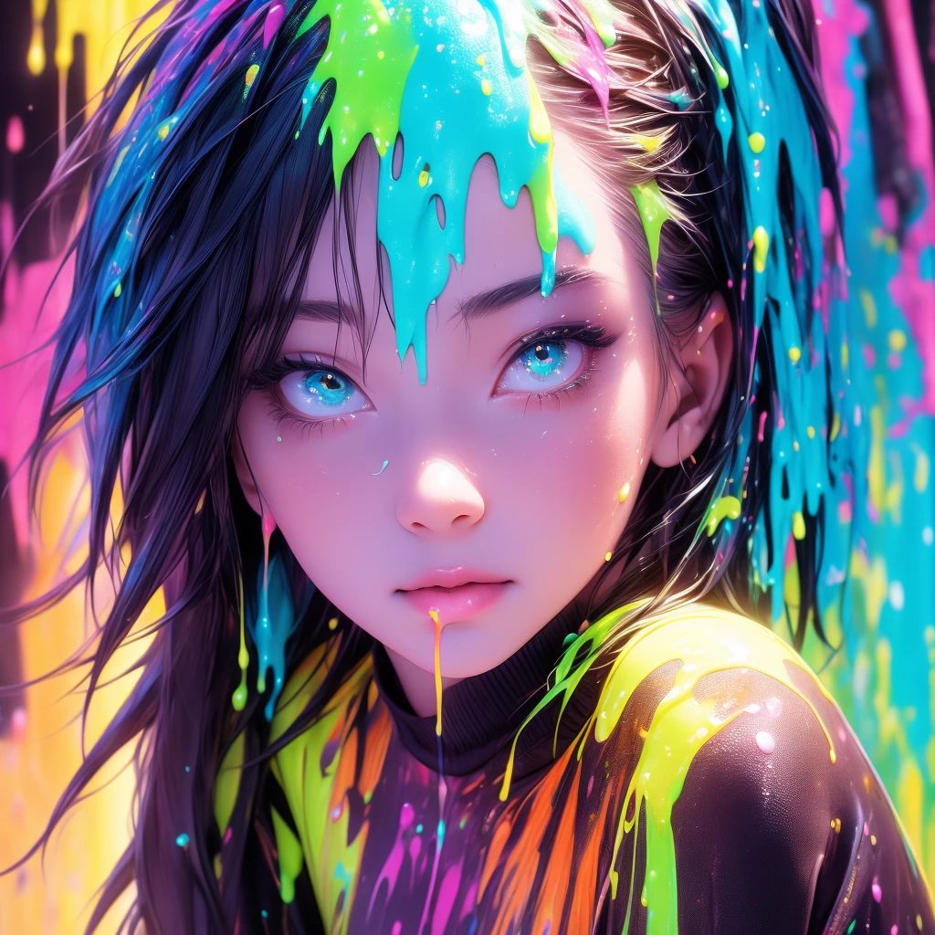 (Paint splashes),Colorful nipples,Glow color,lights,girl,Looking at the camera,Slime Girl,Flowing tank top shorts,Against the wall,Big round eyes,cute,