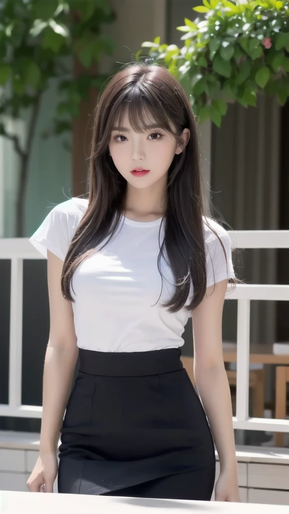 (best quality, 8K, on the table, Ultra HD: 1.3), 1 girl, Black Hair, Bangs, Long hair over the waist, slim body, Super thin face, Delicate lips, beautiful eyes, Double eyelids, Lipstick, Thin blush ,black eyes ,Perfect glowing skin,Flawless skin,White skin,Sweating,Large Breasts,Ultra-thin, Ultra-thin fingers, Long legs,Tight white shirt, tight skirt , High heel.