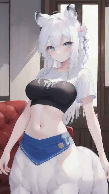 (best quality, masterpiece), 1 girl, centaur, It takes, White skin, Korean , exposing the abdomen,belly button t-shirt, 아름다운 소녀 perfect white tiger photo, perfect white tiger photo