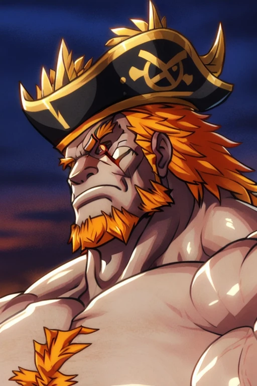 (surtr),big muscles,Huge muscles,hyper muscles,(White skin),black fur, black hair,orange beard,eye scars.,(detailed venous muscles),Best Quality,Masterpiece,4k,8k,Very detailed,detailed face,realistic proportions,sharp focus,male focus, naked, standing,(whole body:1.2),big penis,pirate hat,look at the sight,