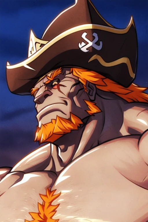 (surtr),big muscles,Huge muscles,hyper muscles,(White skin),black fur, black hair,orange beard,eye scars.,(detailed venous muscles),Best Quality,Masterpiece,4k,8k,Very detailed,detailed face,realistic proportions,sharp focus,male focus, naked, standing,(whole body:1.2),big penis,pirate hat,look at the sight,