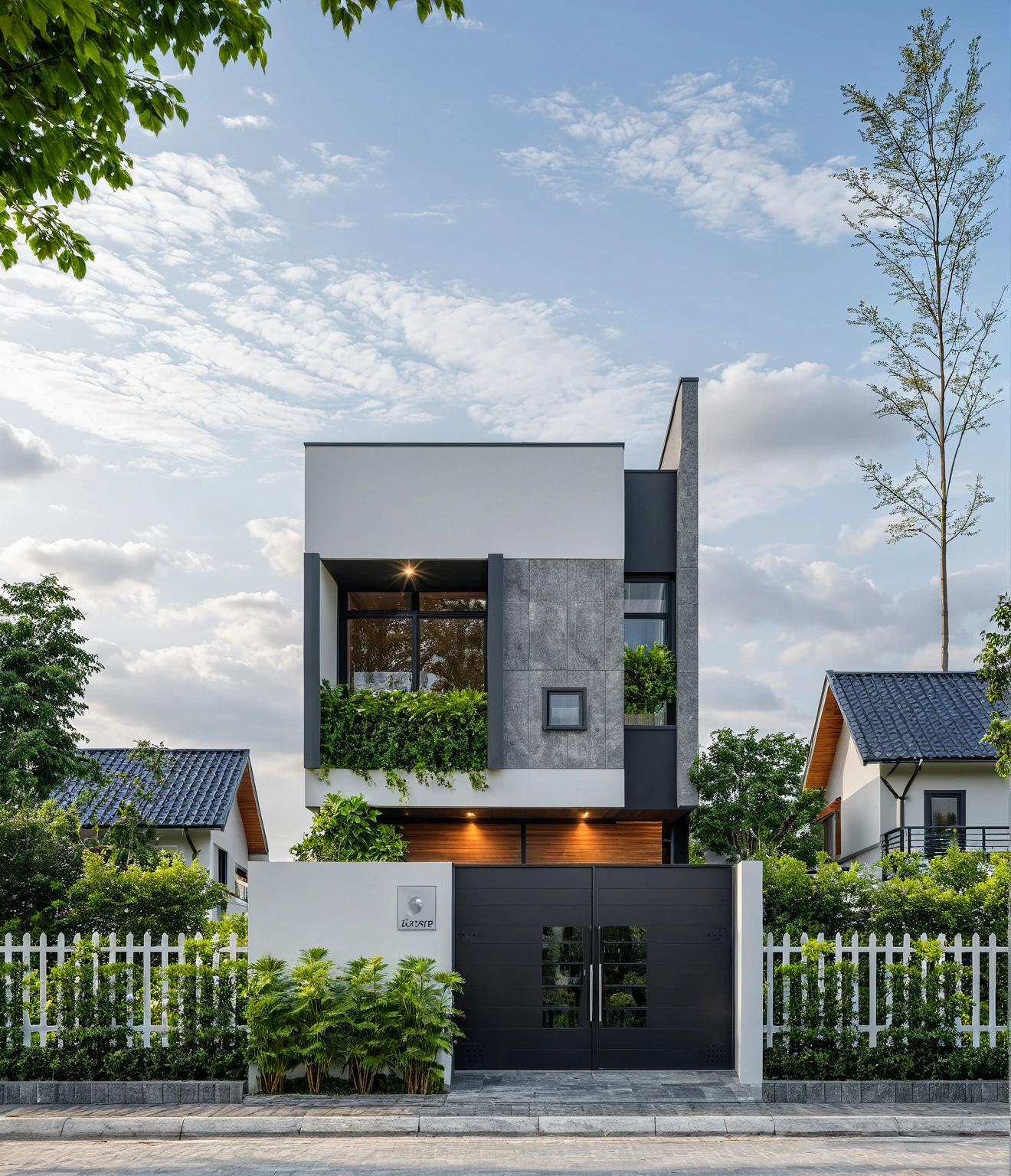 Raw photo, masterpiece, high quality, best quality, realistic, super detailed, outdoor, " 2-storey house " , modern Mezzanine house style, (white wall), curved wall facade, aluminum interior door glass, curved planter, gray tiled accent wall, gray iron box exterior gate, road, sidewalk, grass, trees, sky, clouds, (daylight):1.1)