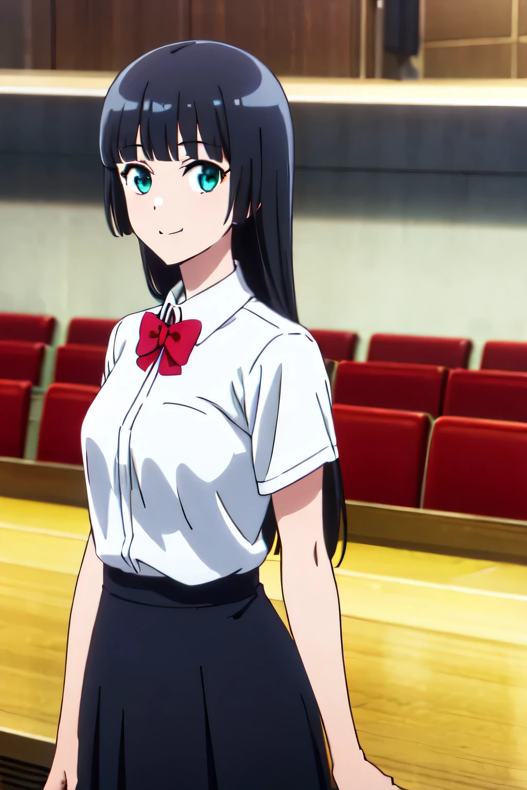 Meimi Soryuin, Long Hair, bangs, Black Hair, VERY Long Hair, BLUNT bangs, Aqua Eye, Hime cut, One girl, alone, Upper Body, In-person audience, (View your viewers:1.5), in the center, smile, skirt, shirt, bow, , WHITE shirt, Short sleeve, COLLARED shirt, bowTIE, RED bow, RED bowTIE,