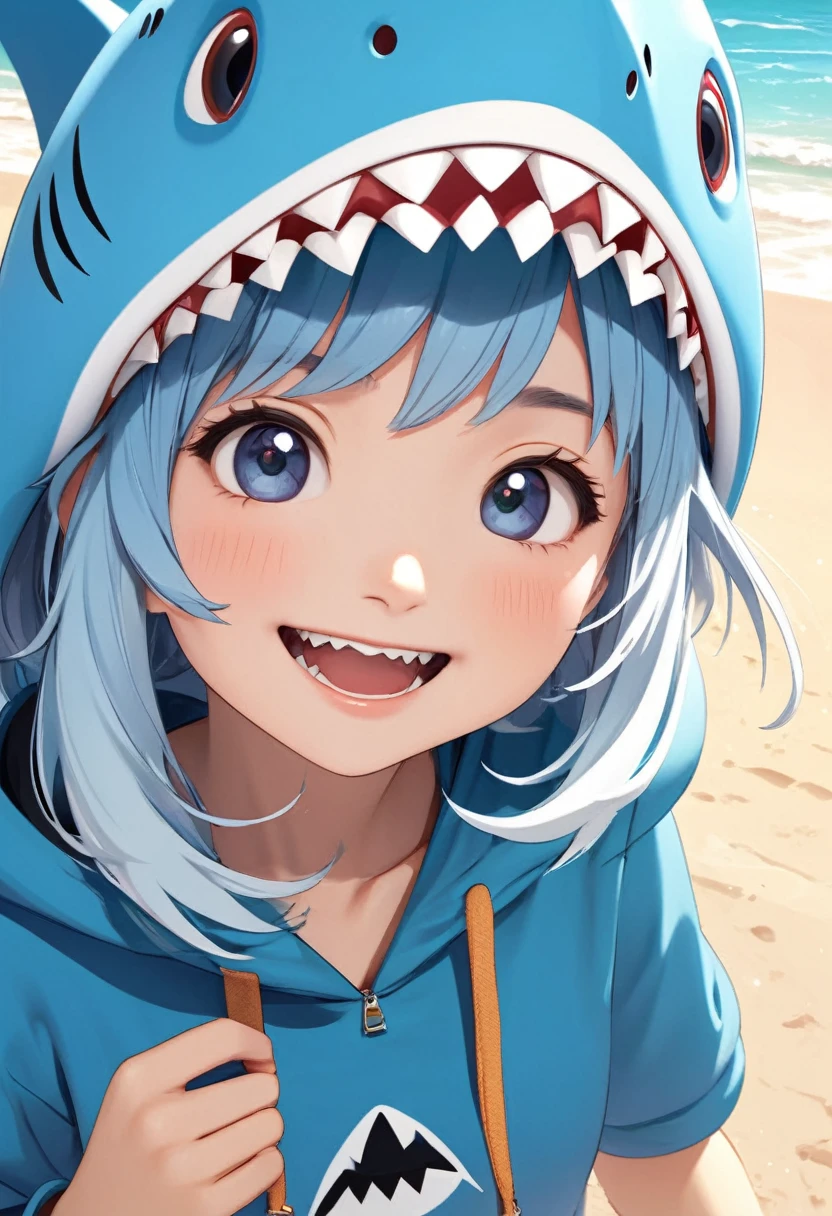 Cute light blue haired girl,Wearing a blue hoodie,shark head hat, Close-up shot of a happy and lively character standing on the beach( perfect anatomy )
Beautiful and extremely fine texture,detailed, bright, High-quality animation style presentation