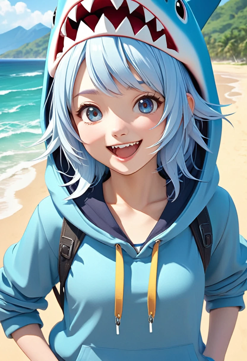 Cute light blue haired girl,Wearing a blue hoodie,shark head hat, Close-up shot of a happy and lively character standing on the beach( perfect anatomy )
Beautiful and extremely fine texture,detailed, bright, High-quality animation style presentation