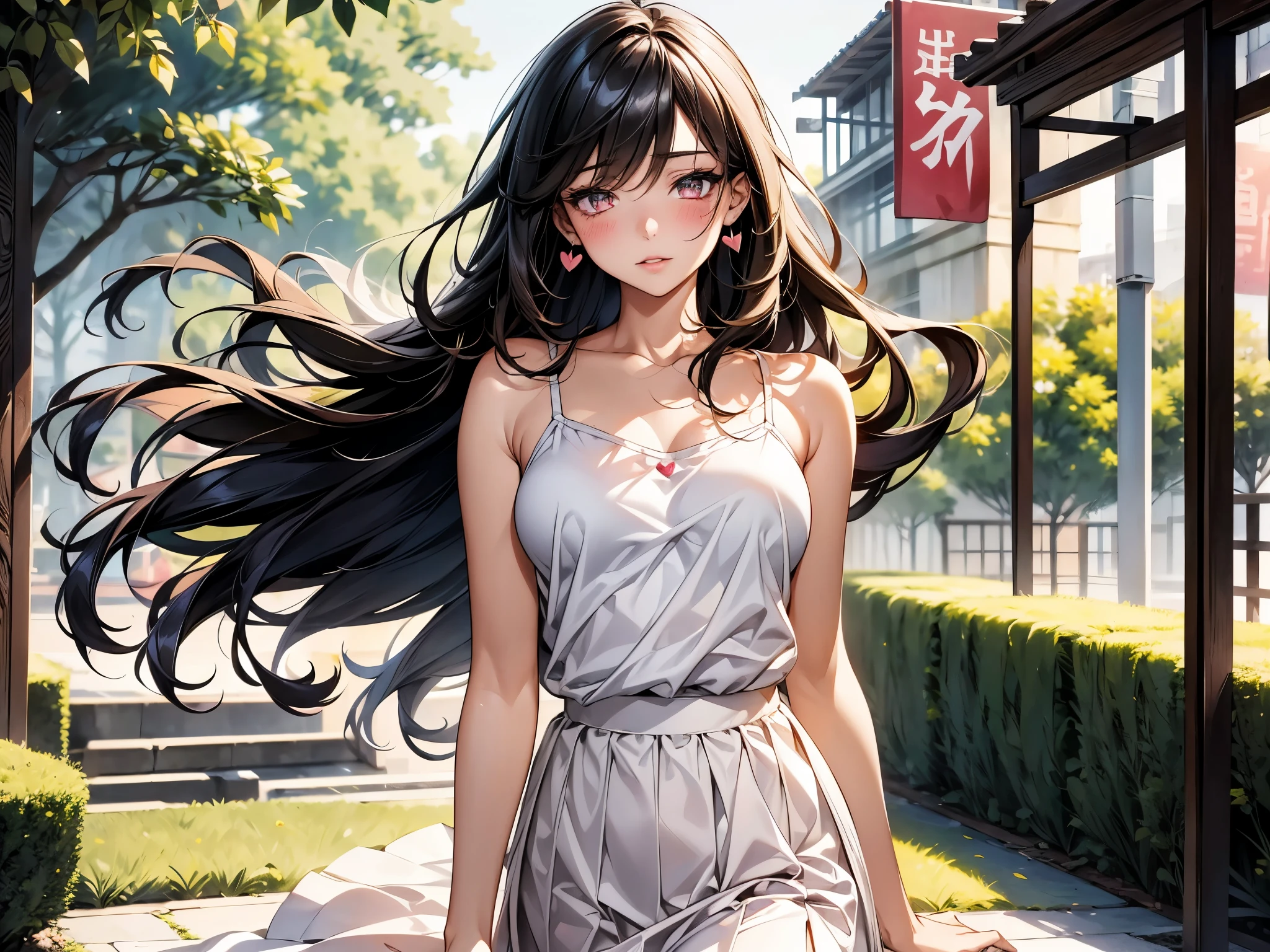 Anime girl with long black hair walking down a sidewalk - SeaArt AI