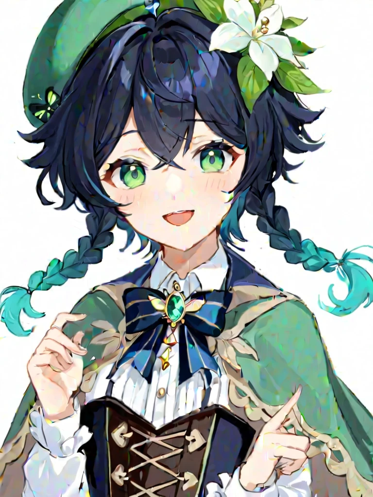 ï¼male_focus, 1boy, solo, venti_\(genshin_impact\), hat, smile, braid, beret, green_headwear, multicolored_hair, gradient_hair, twin_braids, long_sleeves, flower, black_hair, green_eyes, looking_at_viewer, blue_hair, cape, simple_background, white_background, bangs, open_mouth, bow, leaf, frilled_sleeves, jewelry, brooch, collared_cape, white_flower, butterfly, bug, frills, shirt, hat_flower, gem, short_hair_with_long_locks, corset, androgynous, collared_shirt, white_shirt, hair_ornament Venti With GIantes breast