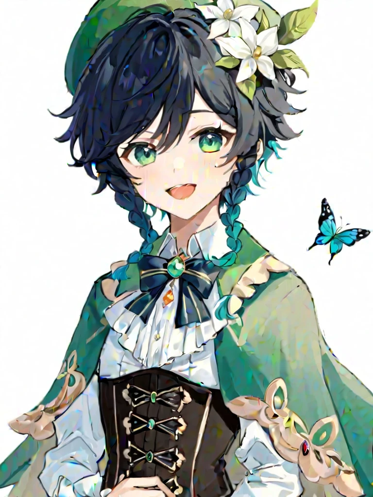 ï¼male_focus, 1boy, solo, venti_\(genshin_impact\), hat, smile, braid, beret, green_headwear, multicolored_hair, gradient_hair, twin_braids, long_sleeves, flower, black_hair, green_eyes, looking_at_viewer, blue_hair, cape, simple_background, white_background, bangs, open_mouth, bow, leaf, frilled_sleeves, jewelry, brooch, collared_cape, white_flower, butterfly, bug, frills, shirt, hat_flower, gem, short_hair_with_long_locks, corset, androgynous, collared_shirt, white_shirt, hair_ornament Venti With GIantes breast