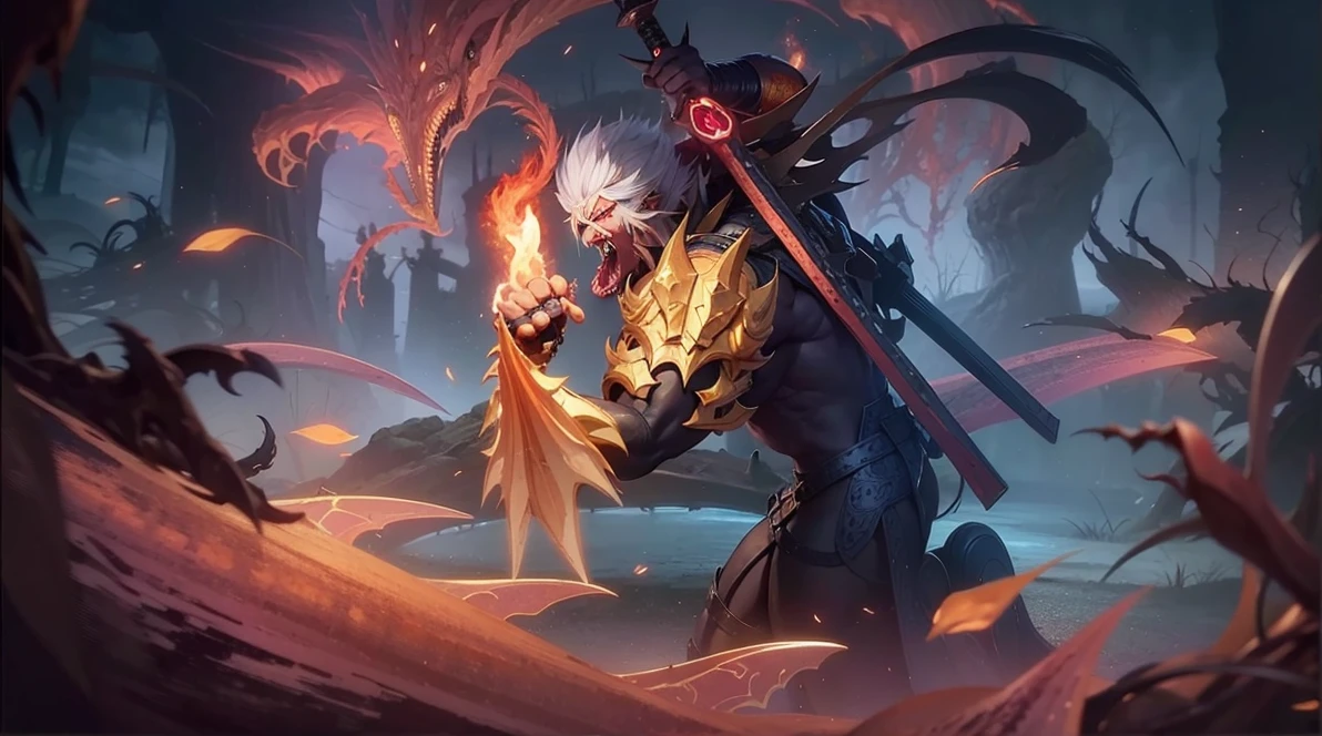 a close up of a person with a demonic face and a sword, Masterpiece, ultra HD, detailed all picture, a close up of a devil, dyrroth from mobile legend, evil, extremely detailed artgerm, mobile legends character, inspired by Hayabusa, Six pack chest and abs, yellow jewel above the chest, light red eyes, glare.
