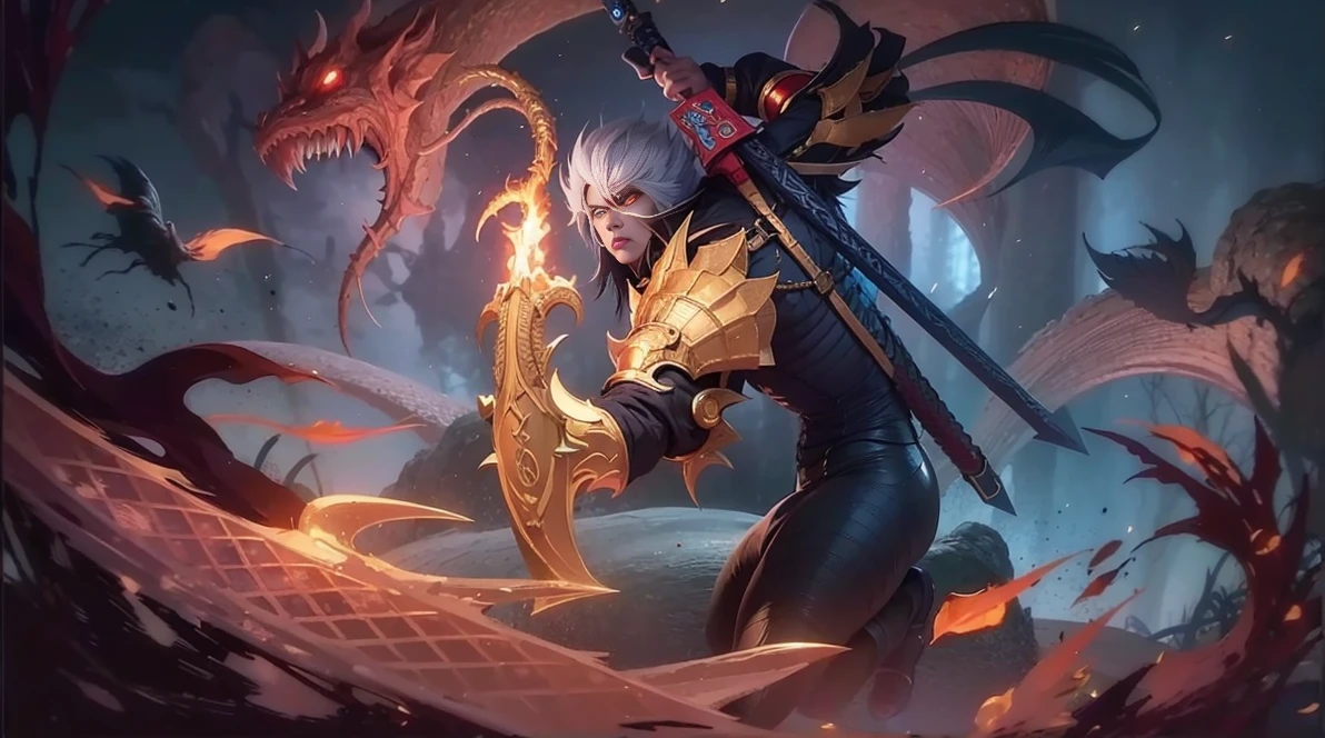 a close up of a person with a demonic face and a sword, Masterpiece, ultra HD, detailed all picture, a close up of a devil, dyrroth from mobile legend, evil, extremely detailed artgerm, mobile legends character, inspired by Hayabusa, Six pack chest and abs, yellow jewel above the chest, light red eyes, glare.