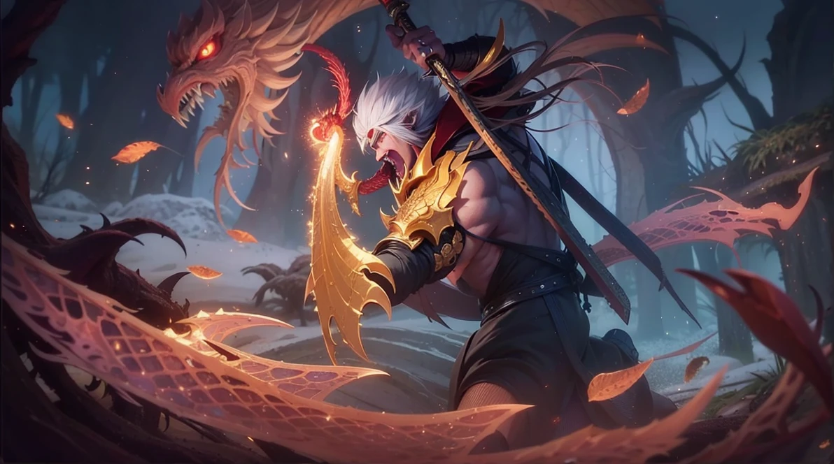a close up of a person with a demonic face and a sword, Masterpiece, ultra HD, detailed all picture, a close up of a devil, dyrroth from mobile legend, evil, extremely detailed artgerm, mobile legends character, inspired by Hayabusa, Six pack chest and abs, yellow jewel above the chest, light red eyes, glare.