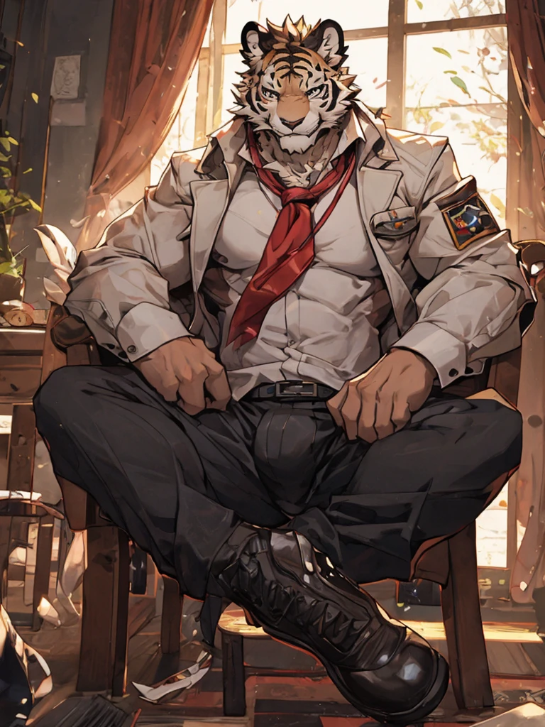{{bara extremely handsome white tiger,}} {{white fur,}} white, wearing military like ornate trench coat, trousers, white dress shirt and necktie, white fluffy furry body and limbs, loafers, very tall, very broad shoulders, narrow waist, muscular arms, massive pecs, purple eyes, very long legs, sitting on swivel chair with legs spread, from below perspective, massive bulge, sophisticated hot look, sexy pose, full body, sunlight casting over, 3/4 view, best quality, high quality, silver earring on left ear, sultry smirk