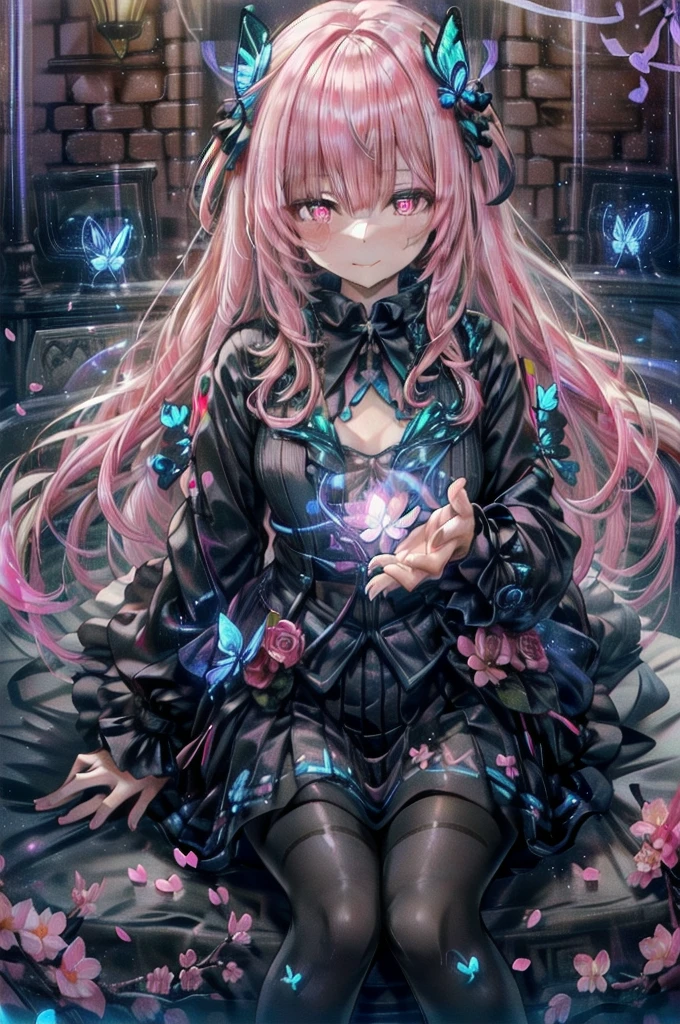 masterpiece, Highest quality,(shape:1.0), 1 Girl, (Gothic ta:1.2), (Big black wings:1.3), (((Bioluminescence照明, Pink light:1.5 ,Pink lighting:1.5, Shades of pink:1.5))), (Dark pupils:1.4), Glowing black eyes, Black hair shine:1.5, cherry blossoms々Detailed Background , (Pink Glass, Pink leaves), (cherry blossoms:1.5), (cherry blossomsの花びら:1.5. Bioluminescence環境:1.5), Fluorescent Environment, (((Bioluminescence:1.5))), (((Glowing particles in the air:1.5, Particles of light:1.5,))), ((Pink butterfly:1.5)), whole body, Long Hair, Silver Hair, Ahoge, Pink Eyes, Adorable eyes, (The best smile:1.2),