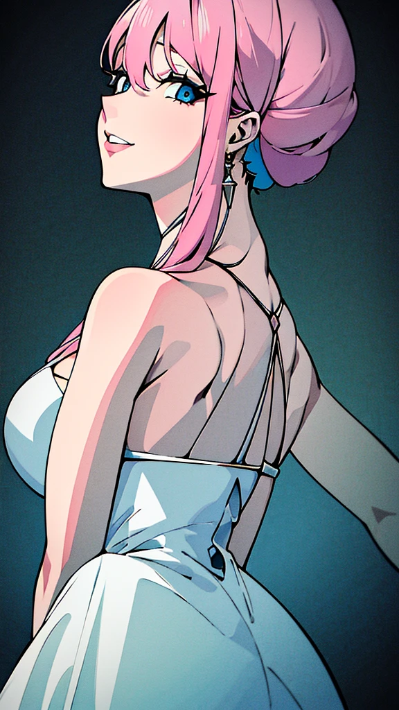 35 year old woman , long light pink hair , blue eyes... white dress with silver tones