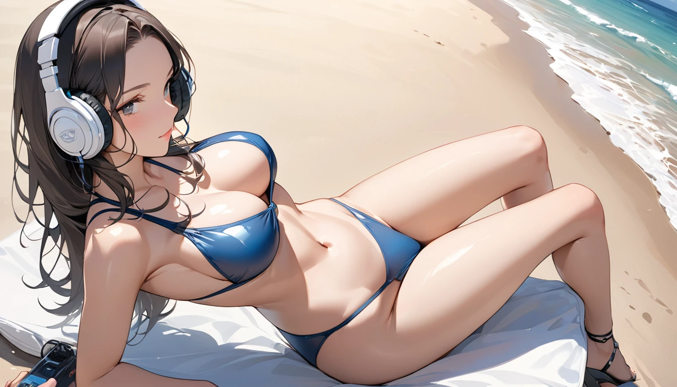 ((Top Quality)), ((Masterpiece)), ((Details)), perfect face, perfect body, sitting on the beach, listening to music, wearing headphones, wearing swimsuit, swimsuit transparent, tight with buttocks and breasts exposed Woman with clothes on and face visible