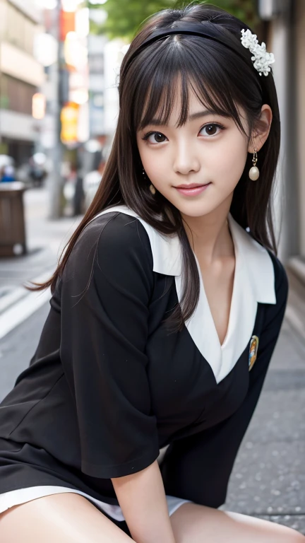 Highest quality, masterpiece, Ultra-high resolution, (Realistic:1.4), Raw photo, One girl, 23 years old, The most famous Japanese idols, Midnight Street, Wearing only Japanese high school uniforms, An innocent smile, Very cute face like the most popular Japanese idol, (((Very beautiful big black eyes))), Very beautiful short black hair, Very beautiful long eyelashes, Very beautiful lips, Very beautiful skin、Droopy eyes、Small Breasts Headband、Earrings