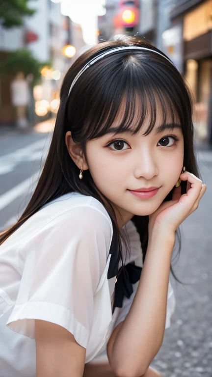 Highest quality, masterpiece, Ultra-high resolution, (Realistic:1.4), Raw photo, One girl, 23 years old, The most famous Japanese idols, Midnight Street, Wearing only Japanese high school uniforms, An innocent smile, Very cute face like the most popular Japanese idol, (((Very beautiful big black eyes))), Very beautiful short black hair, Very beautiful long eyelashes, Very beautiful lips, Very beautiful skin、Droopy eyes、Small Breasts Headband、Earrings