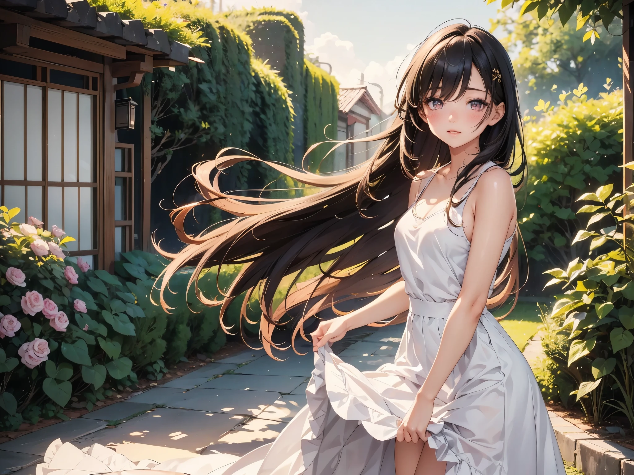 1 girl, Beautiful asian lady, Long straight hair, beautiful face, delicate eyes, detailed pupil, beautiful and delicate lips, white camisole long skirt, Simple and stylish, hand drawn animation, high detailed, outdoor, blush, shy, heart, in love,