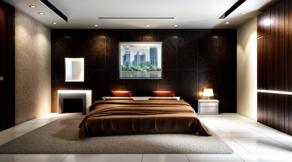 Modern bedroom, (dinner details: 1.2), brown luxury bed, tropical style ceramic combo on the wall, marble floor, 1 large photo on the wall, gray painted walls, warm lighting , 1 dressing table with 1.8-inch chair, 1 bedside cabinet, white ceiling, recessed LED lights