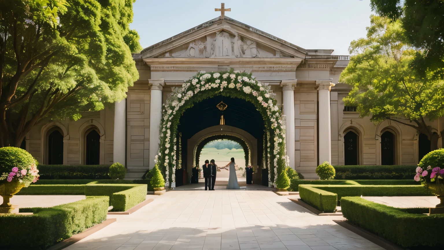 a grand entrance to an elegant wedding venue, a wide angle view of the scenic garden, a sunny morning on a holiday, a full shot of the luxurious building, friends attending a wedding ceremony, a lavish gate at the wedding venue, a city center wedding location, a garden ,chapel bell sound