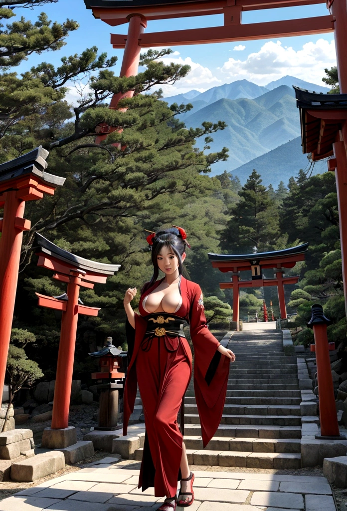 Beautiful Japanese female Tengu、Muscular、Large Breasts、At the torii gate in front of a long stone staircase deep in the mountains