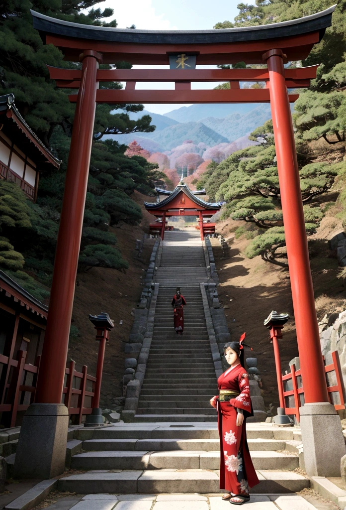 Beautiful Japanese female Tengu、Muscular、Large Breasts、At the torii gate in front of a long stone staircase deep in the mountains