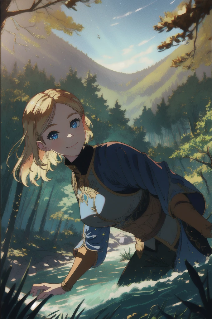 princess zelda, plain forest background, masterpiece, solo, best quality, beautiful eyes, blue_eyes, blonde_hair, smile, medium_breasts, bangs,  looking at viewer, smile, closed mouth, water drops, Ultra detailed fantasy environment, [mountains:forest:0.3], hyper realism, 8k, clearly worked out detail, intricate, cinematic,  masterpiece, 1girl,  