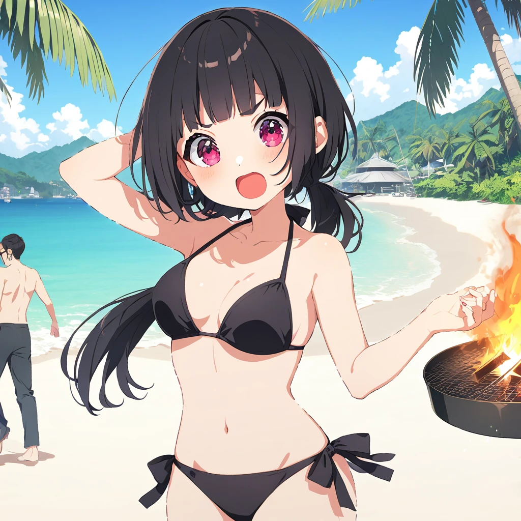 High-quality cute anime character. A round-faced woman with black hair in a low ponytail, blunt bangs, and square black glasses, wearing a neon bikini, dances on the beach at a bonfire , her arms raised, a carefree expression on her face.