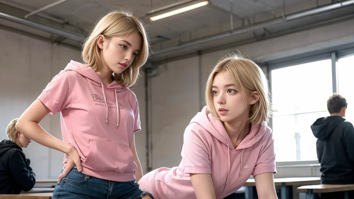 deux femmes blonde ensemble de 18 ans sexy et mince , pink short sleeve hoodie , salle de classe, se touche,position sey,sensuel