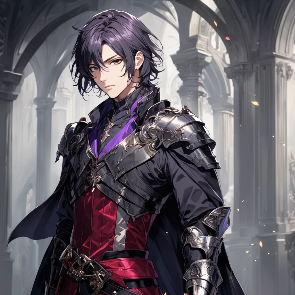 masterpiece, best quality, 1man, adult, male focus, solo, medium hair, black purpleish hair, vibrant black eyes, looking at viewer, cape, High quality metal texture, overcoat, closed mouth, upper body, bangs, high collar,(kbxll:0.6), Fantasy aesthetics, Highly detailed, shadowverse style, armored gloves, metallic gloves