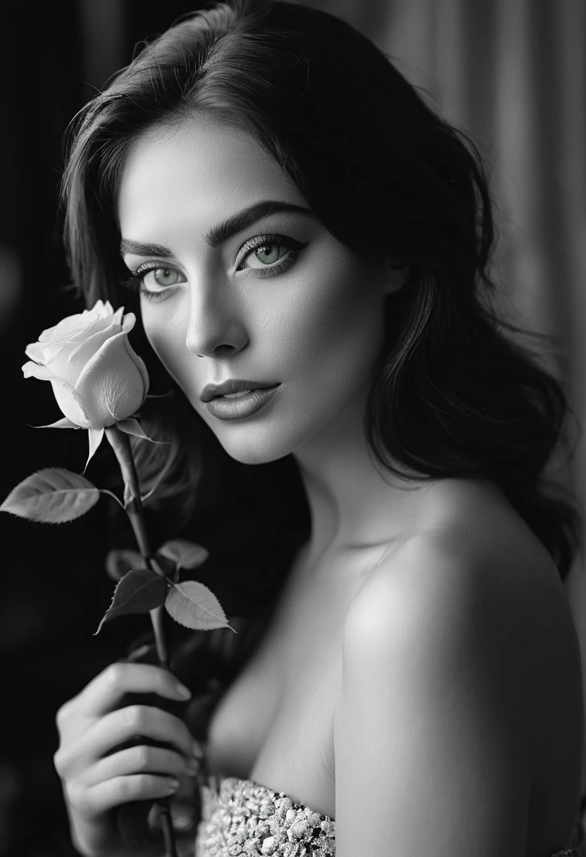 black and white, a woman with  green eyes, flawless skin, half body shot, holding a rose, whimsical photography style, captured with an Arriflex 35BL camera using Canon K25 prime lenses, cinematic, dramatic lighting, ultra clear, breathtaking surreal masterpiece.