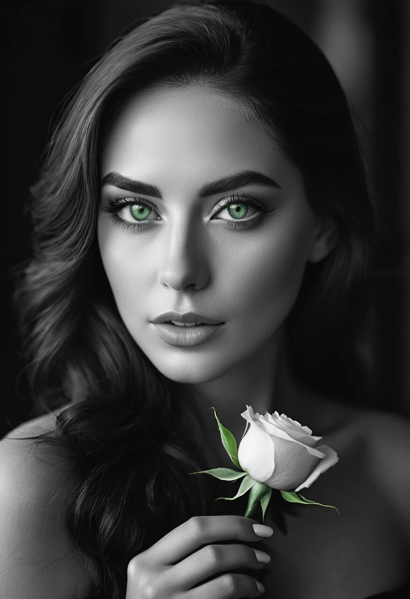 black and white, a woman with  green eyes, flawless skin, half body shot, holding a rose, whimsical photography style, captured with an Arriflex 35BL camera using Canon K25 prime lenses, cinematic, dramatic lighting, ultra clear, breathtaking surreal masterpiece.